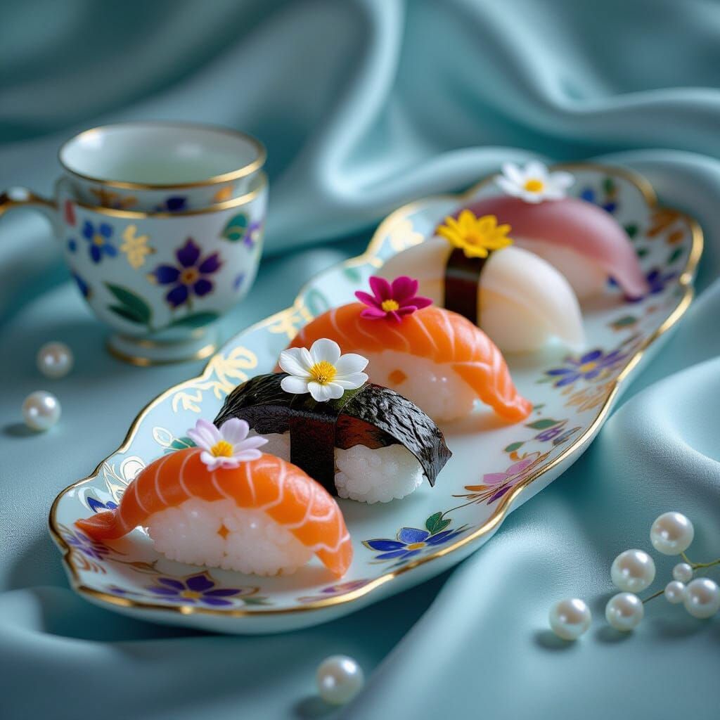 For the Food Photography challenge: A colorful sushi spread arranged like a piece of abstract art, with ...  by @Susi