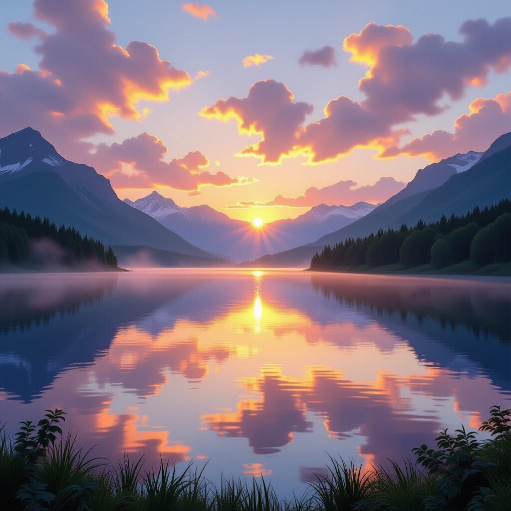Serene Mountain Lake Sunset Reflecting Golden Clouds