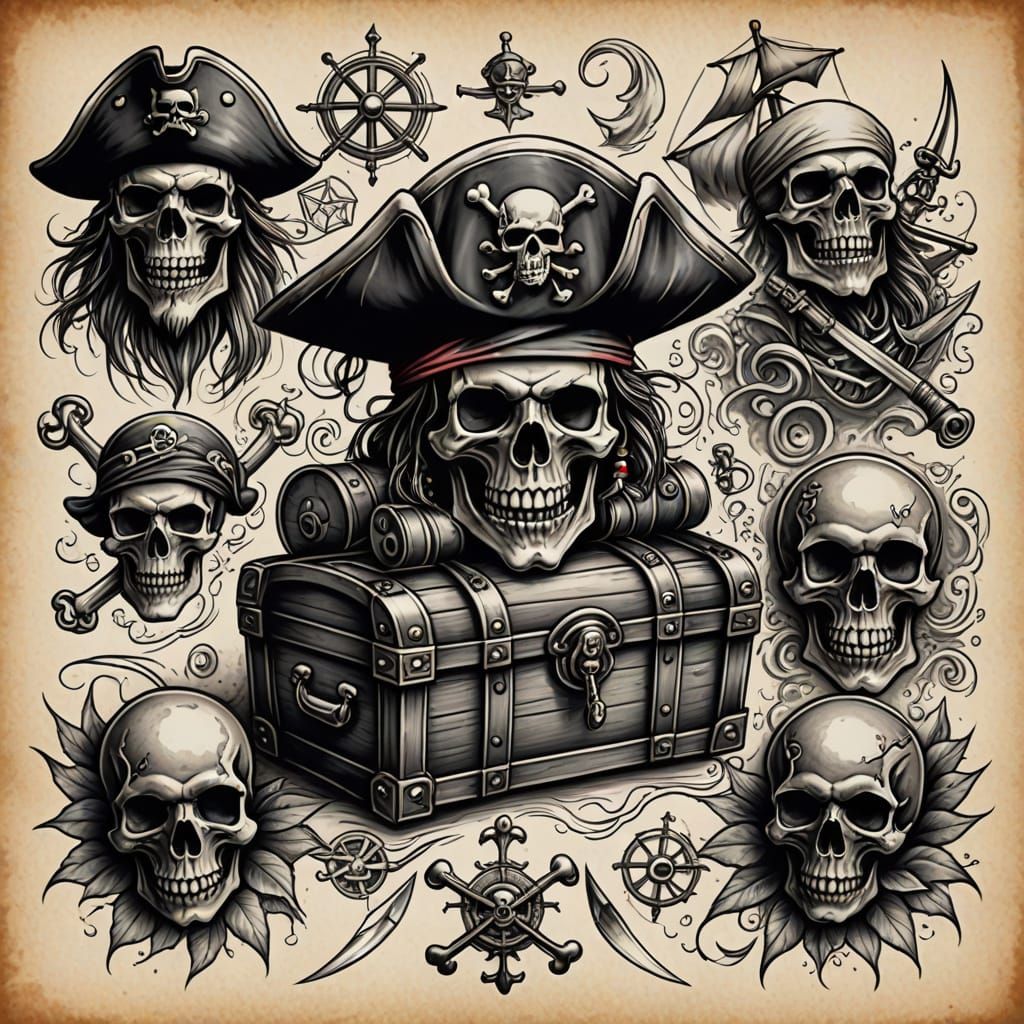 Pirate Tattoo Designs in Charcoal Style
This image features highly detailed pirate-themed tattoos. A ...  by @Jemina