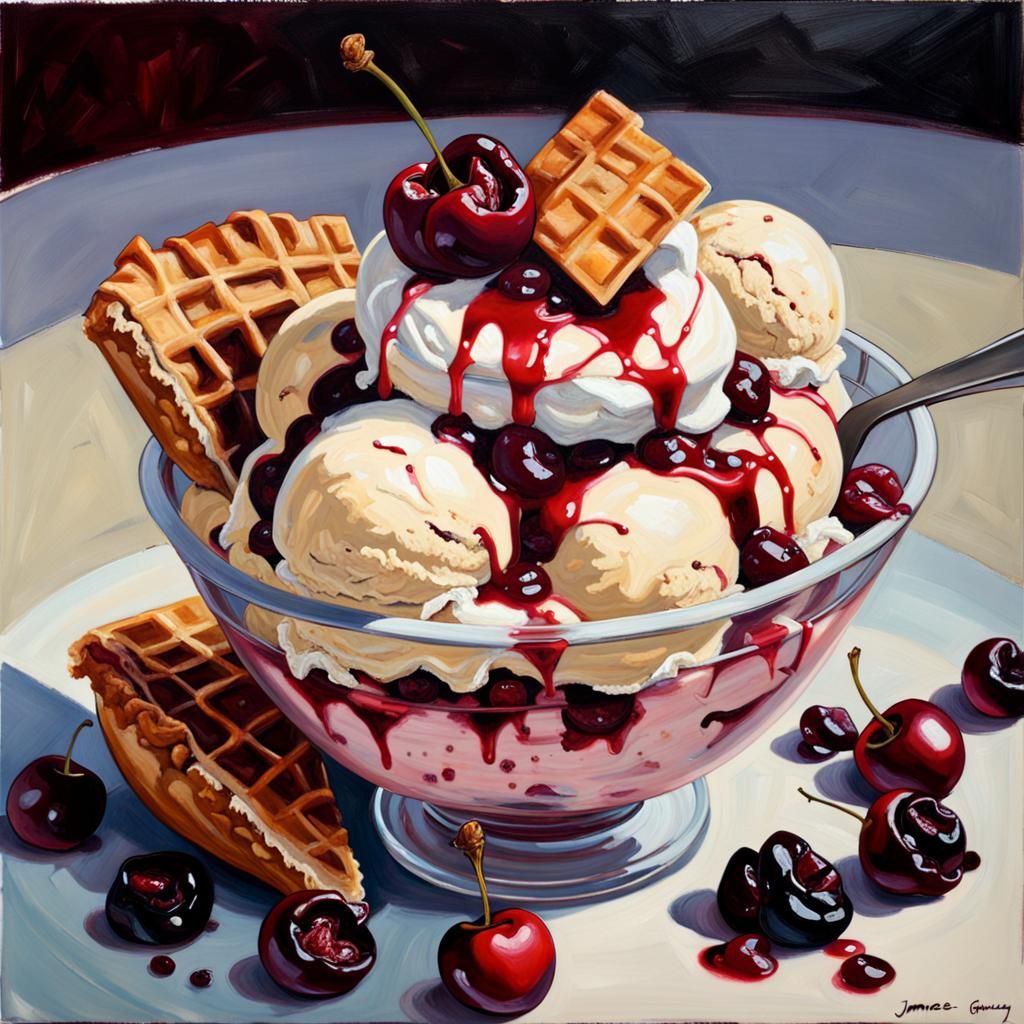 Marscapone ice cream with toffee chips, cherry pie filling, ...