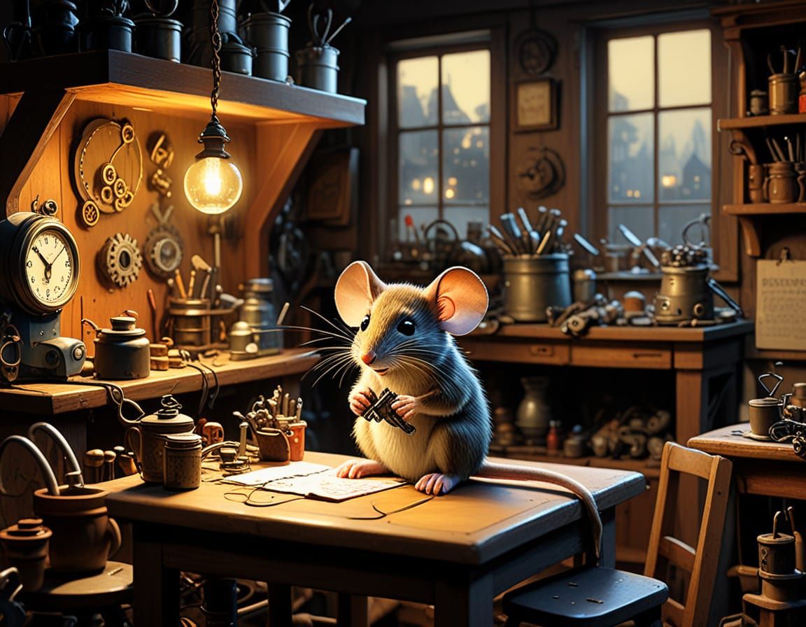 Airbrush art. Medium shot. A nostalgic scene of a small, anthropomorphic mouse in a tiny workshop, surrounded by gears and tools, working on...