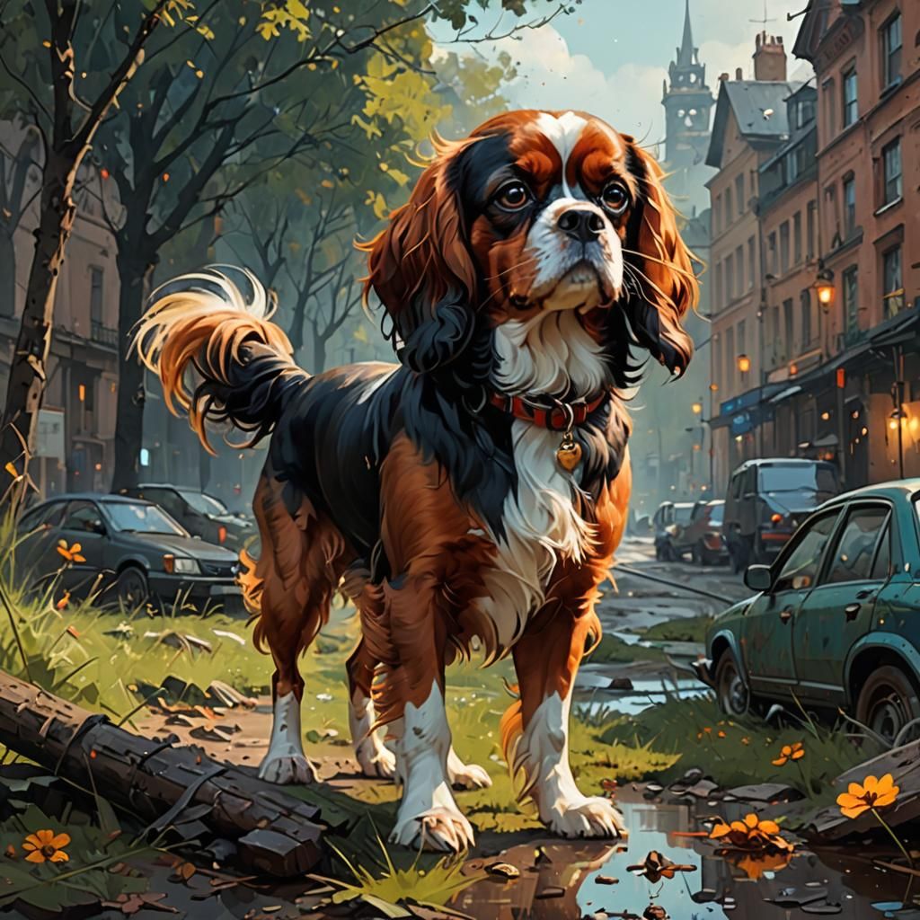 King Charles Spaniel in the style of ISMAIL Inceoglu