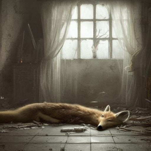 a dead fox laying in a abandoned house