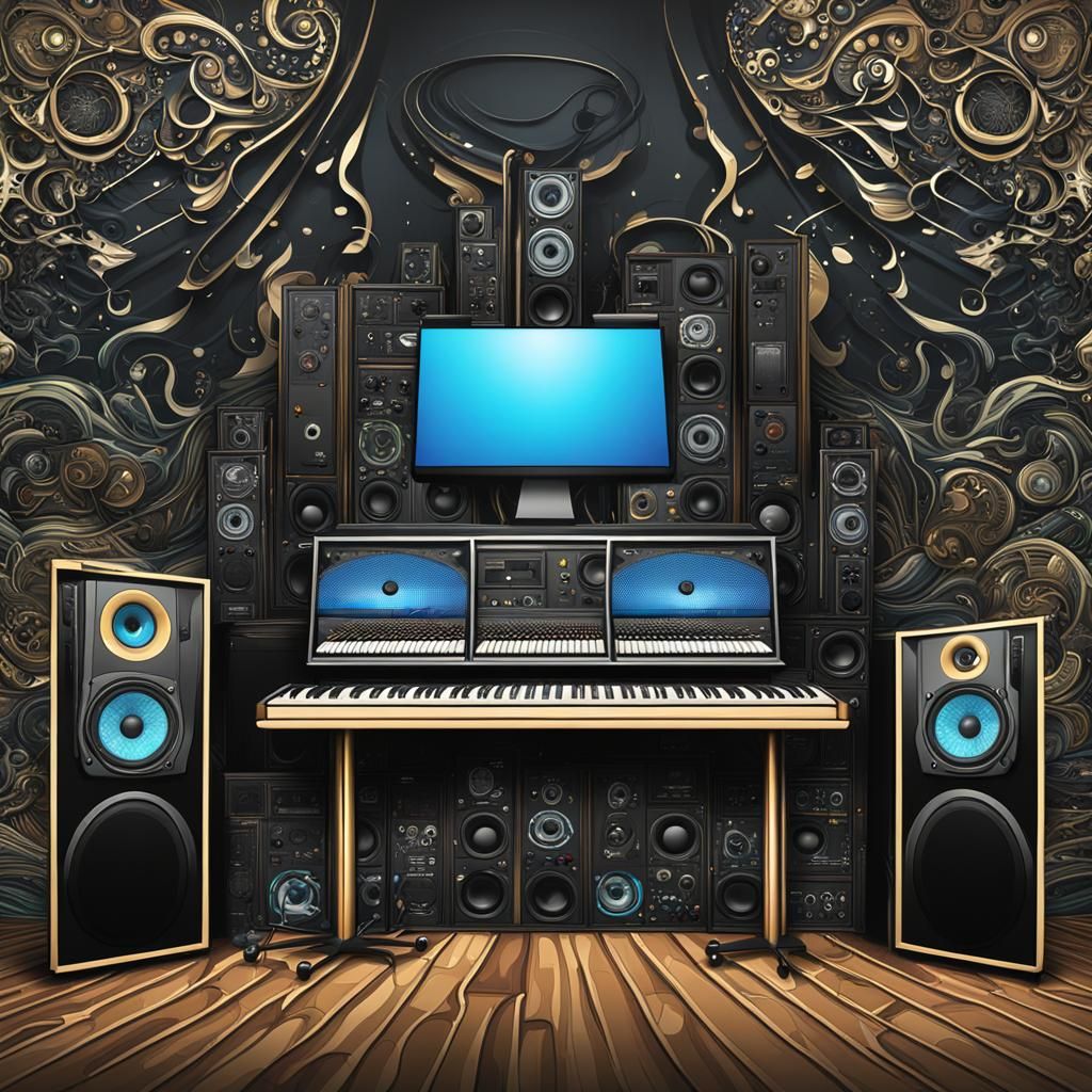 Music homestudio, Computer Screen on a Dark painted Wall, Ke...