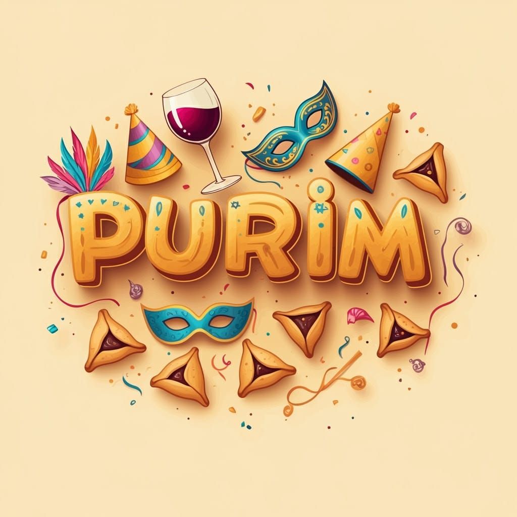 Joyful Purim Celebration in Vibrant Golden Lettering