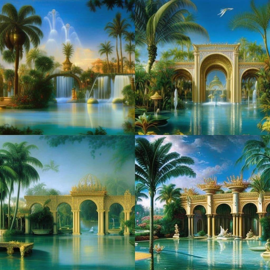 A Water Garden With Palm Trees And Gold And Crystal Arches And Exotic 