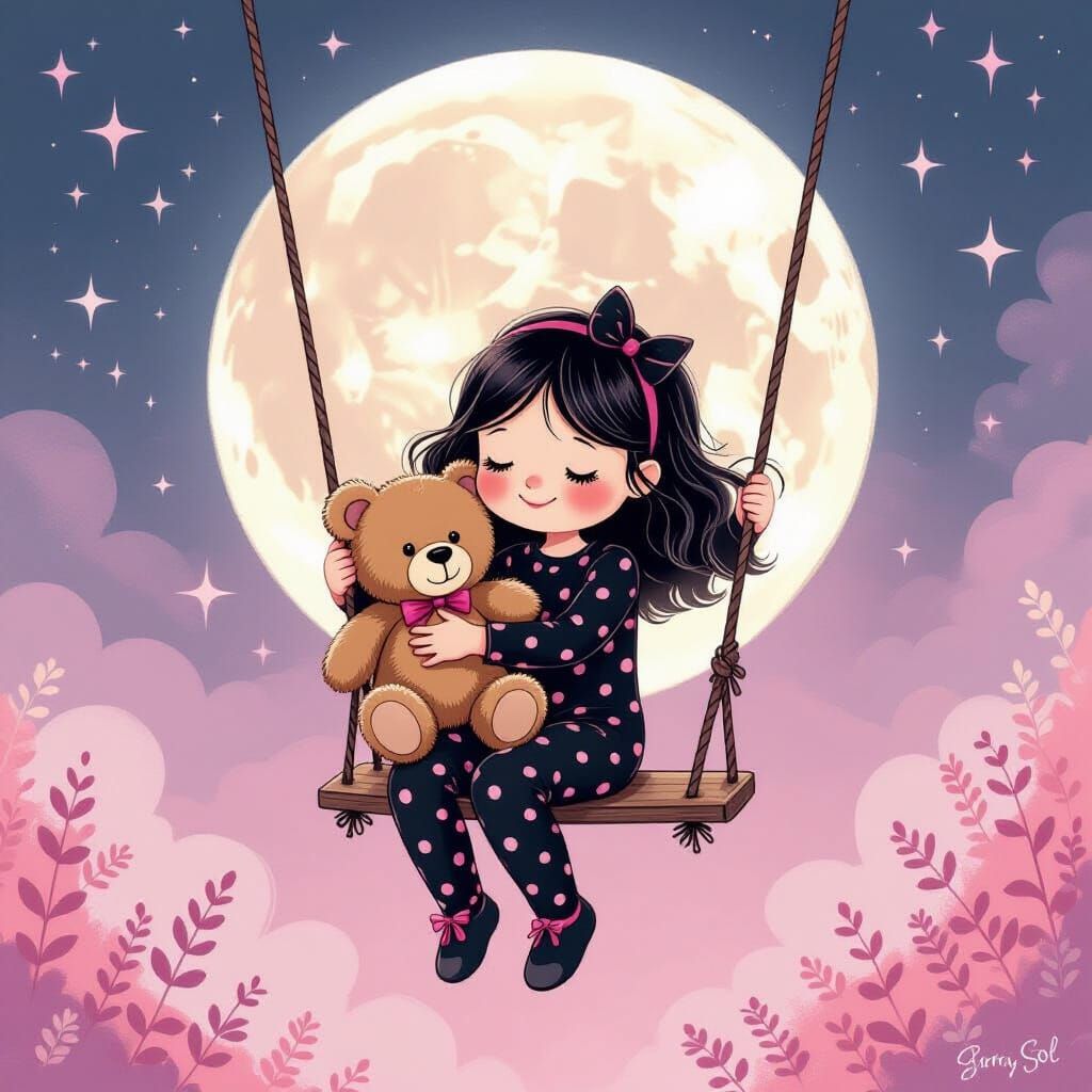 Girl Swinging Under Moon in Gothic Fairy Tale Style