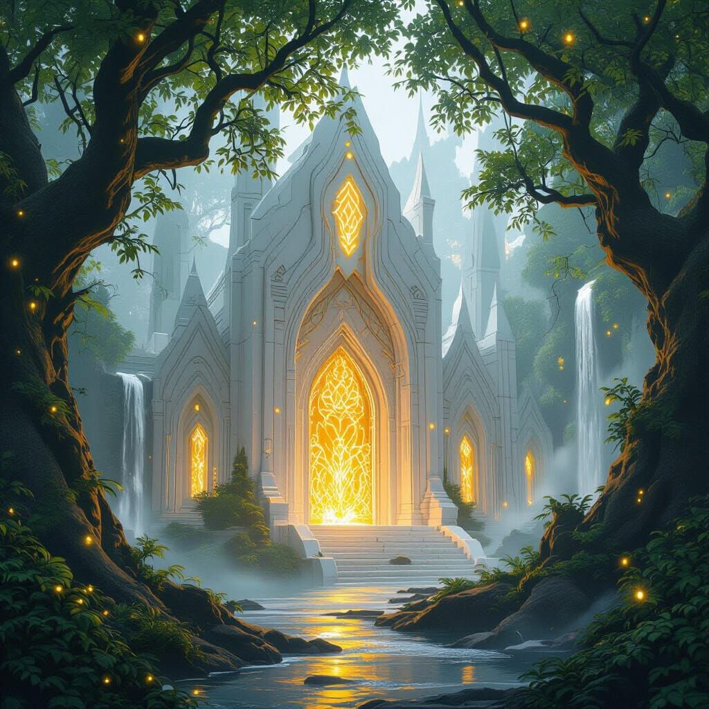 A majestic elven temple hidden deep in an enchanted forest, built with white marble and glowing golden runes, surrounded by ancient tall tre...