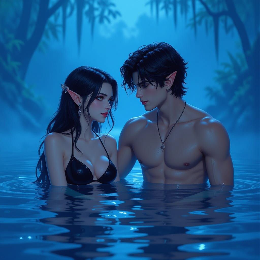 Gothic Elf and Boy in Misty Lake as Matte Painting