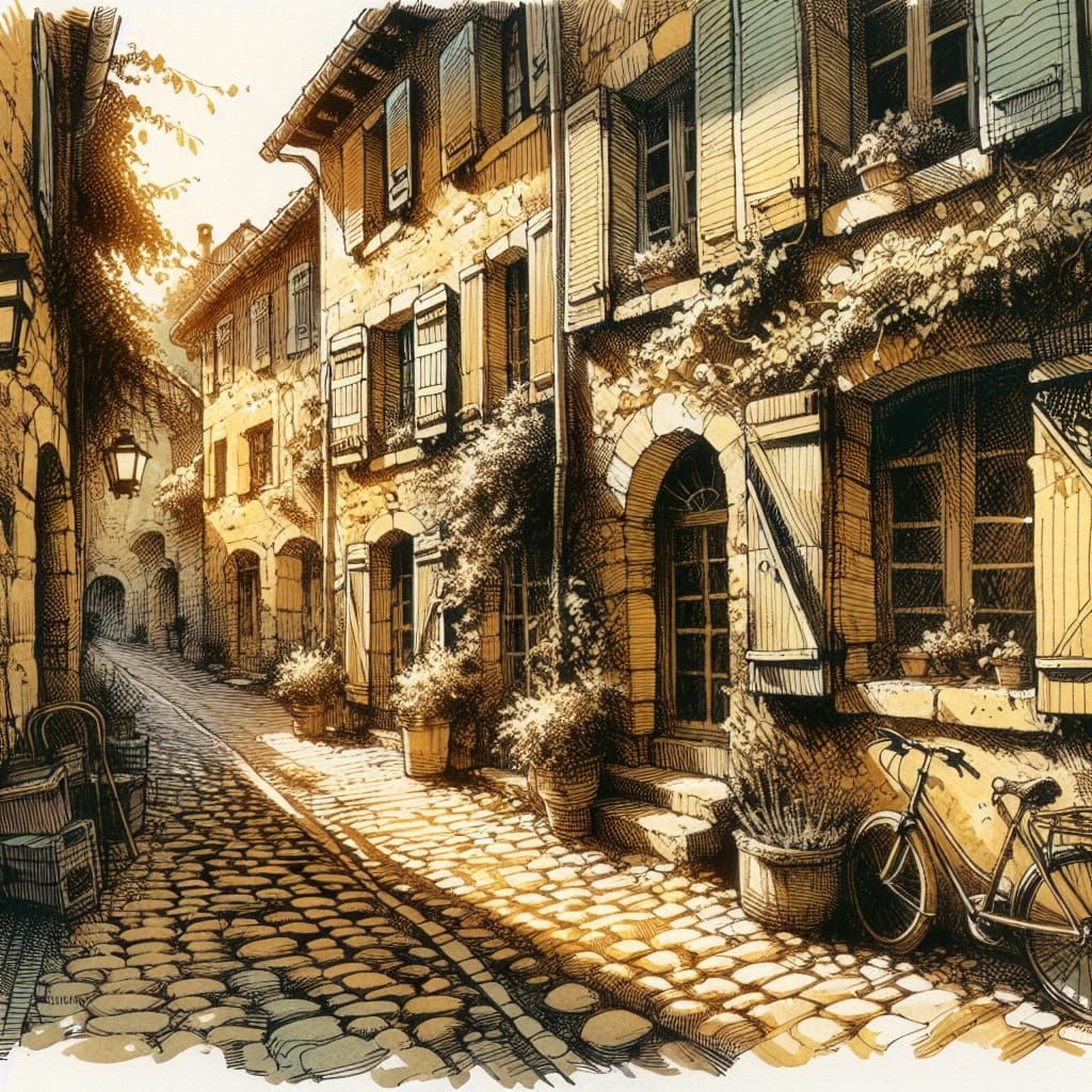 A quiet cobblestone street in a quaint European village, bat...