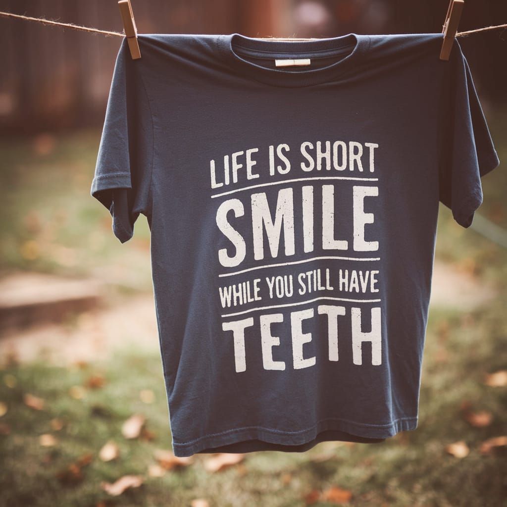 A t-shirt with the words "Life is short Smile while you still have teeth" in exact text
