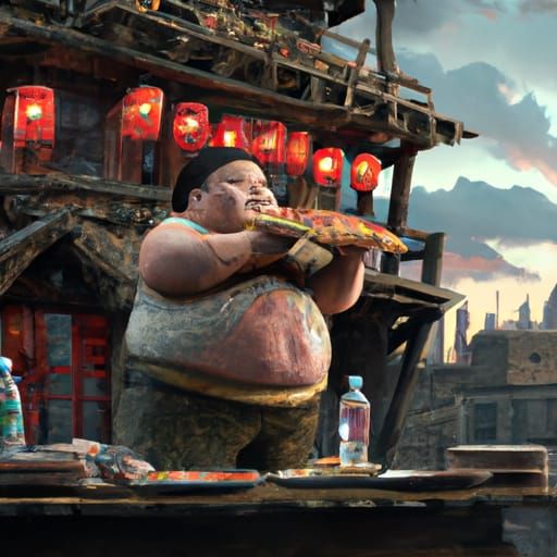 Fat Asian Eating Pizza