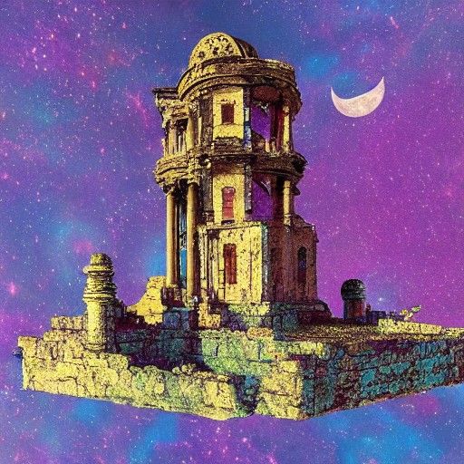 Ruins floating in a cosmos while the moon is crashing down