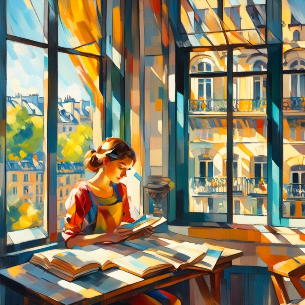 <lora:RomanticCompXL:1.0> Beautiful girl reading book by the window of Paris quarter colorful vibrant bold color sunny day sunlight going  t...