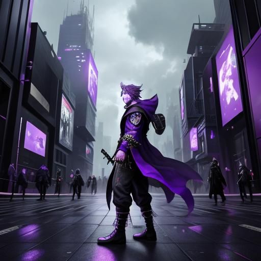 a wizard has purple hair and purple pupils, walking in futur...