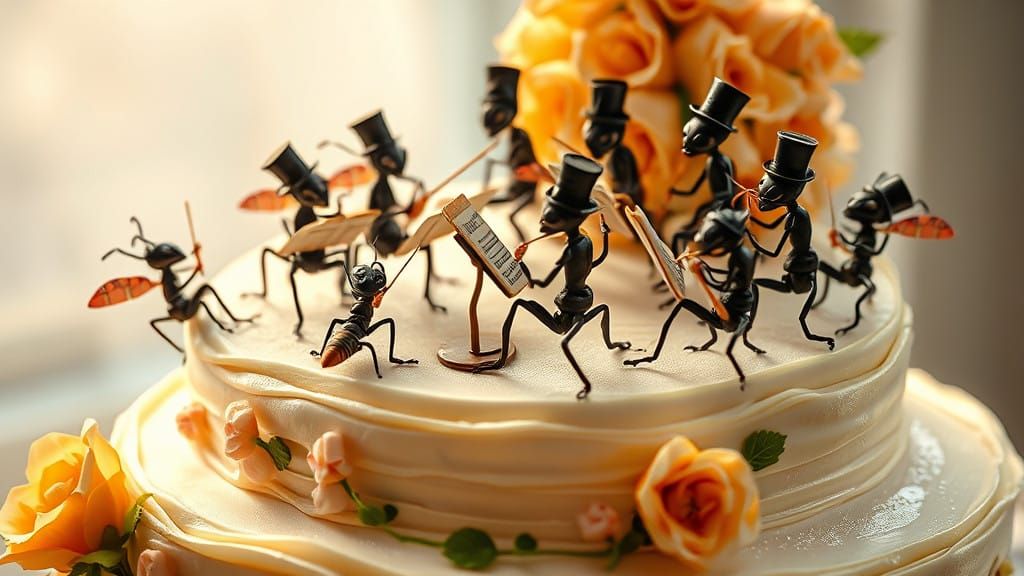 orchestra of ants performing on a piece of cake  by @Solace