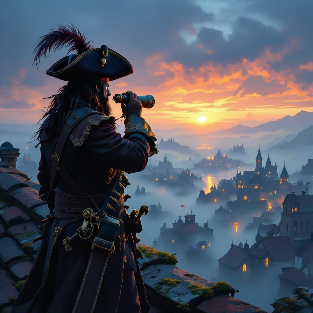 Pirate Captain Overlooks Foggy City at Dawn in Painterly Sty...