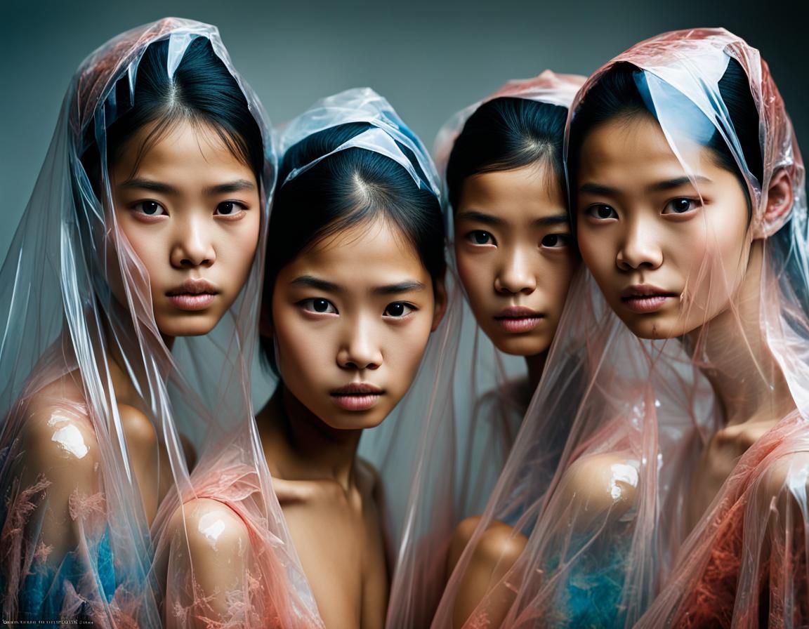 Five beautiful Indonesian 16 year old models stand together,...