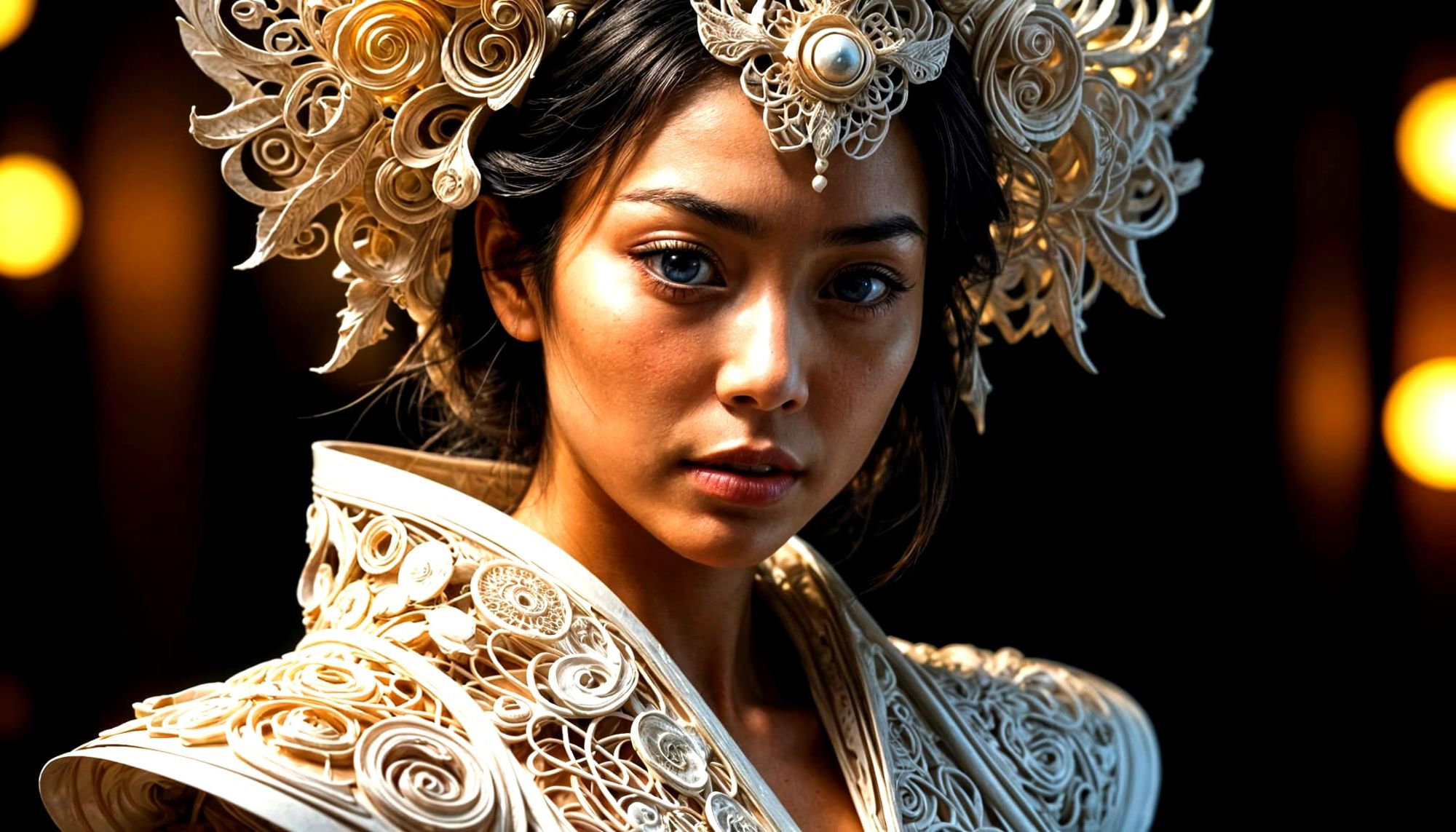 Paper Worlds maximalism Discordant Dynamic Intense Saturnine Bernini Japanese ornamental sci-fi portrait Origami paper folds papercraft, mad...