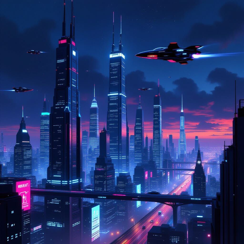 Futuristic Cyberpunk Cityscape with Flying Vehicles