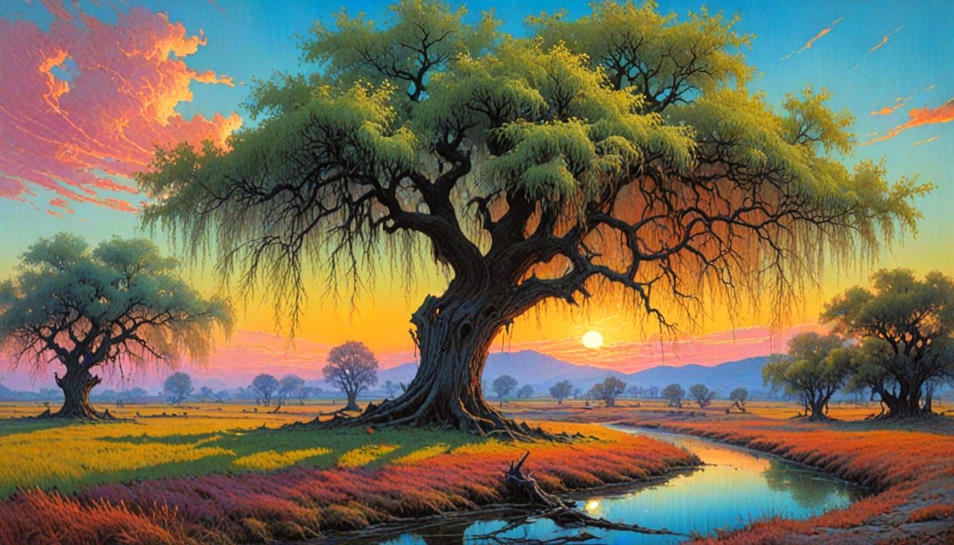 Sunset glitch old willows, oil painting by Arthur Rackham, Zdzisław Beksiński...  by @Hugo Raul