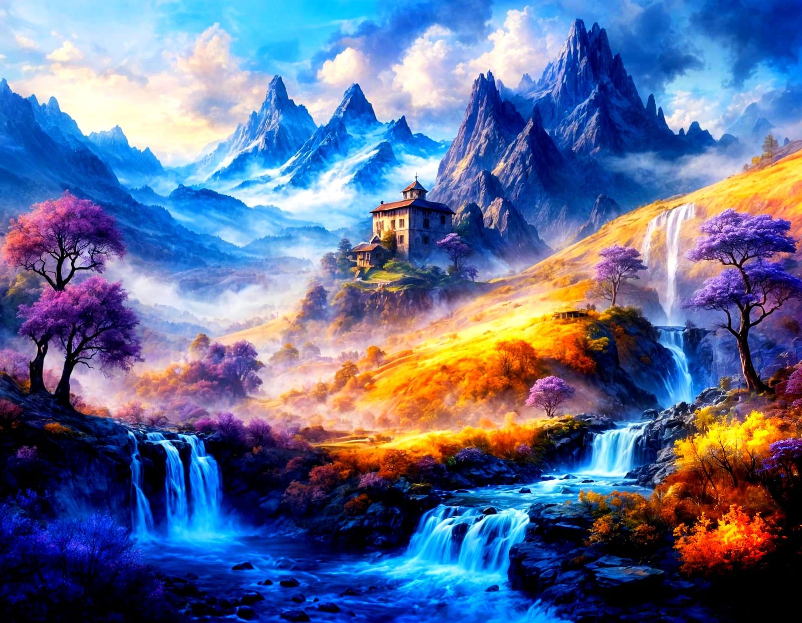 Magical Golden-Purple Mountains with Distant Village