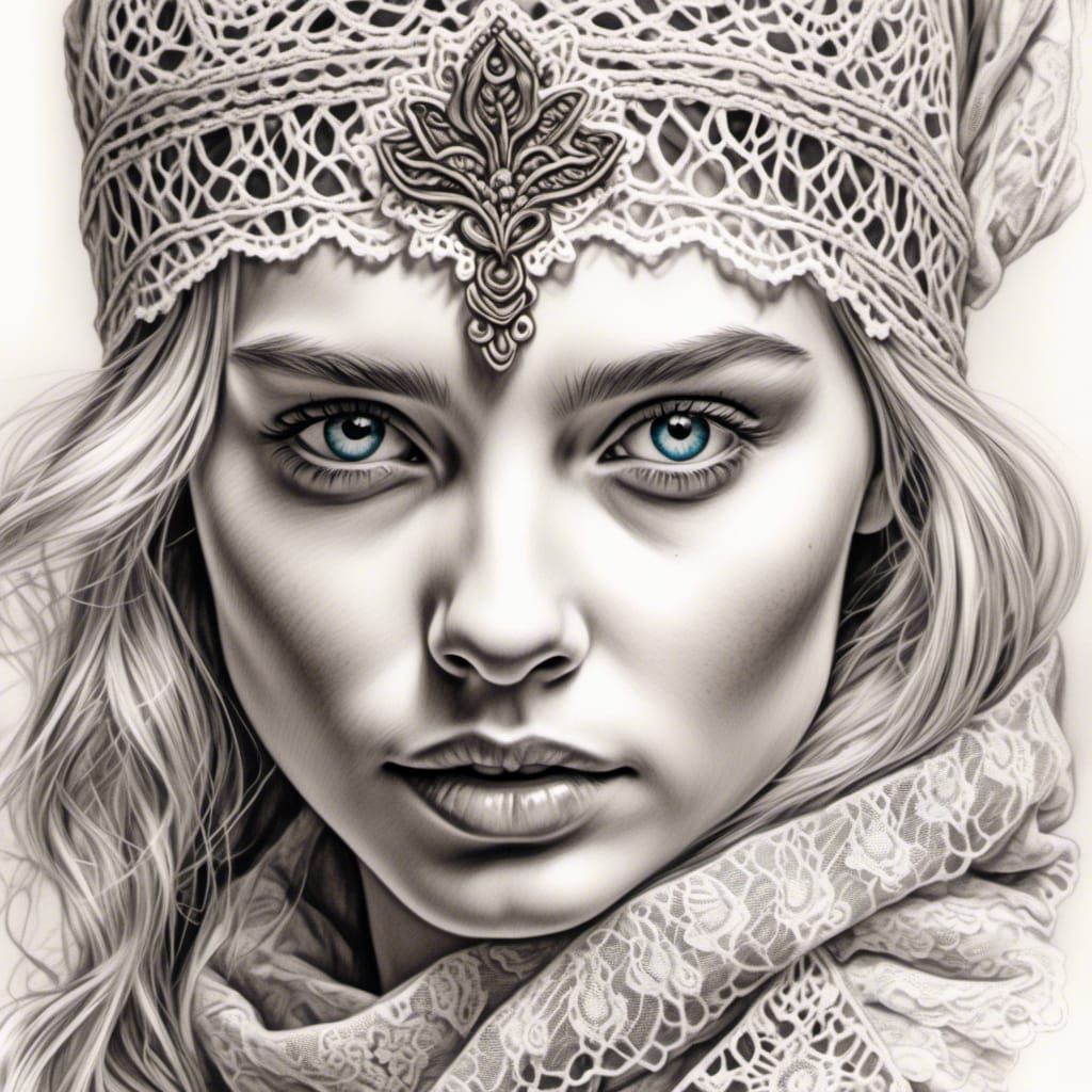 Detailed Pencil Portrait of Woman with Lace Mask