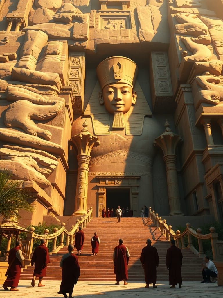 A colossal pharaoh-like stone figure carved into the face of an ancient mountain temple, temple steps lead to its feet, where worshipers onc...