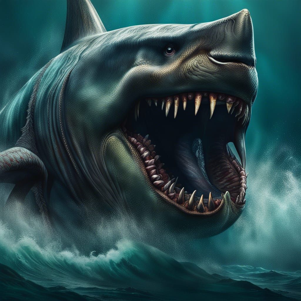 The mighty Megalodon reigns as an ancient aquatic titan, a colossal ...