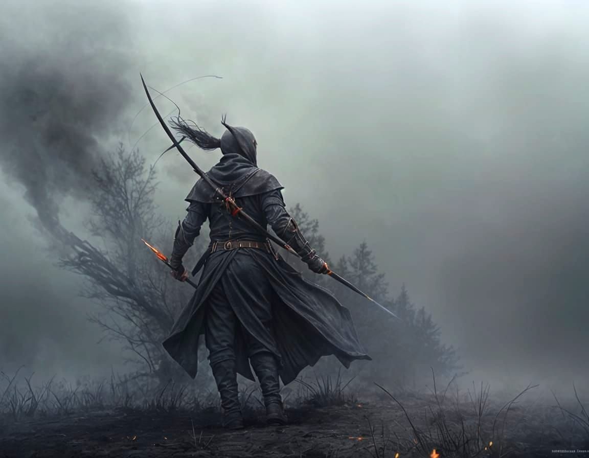 <lora:Smokescreen DSv8:1.0> From the edge of the scene, an elf masked and cloaked, dark and mysterious, fires an arrow across the wasteland ...