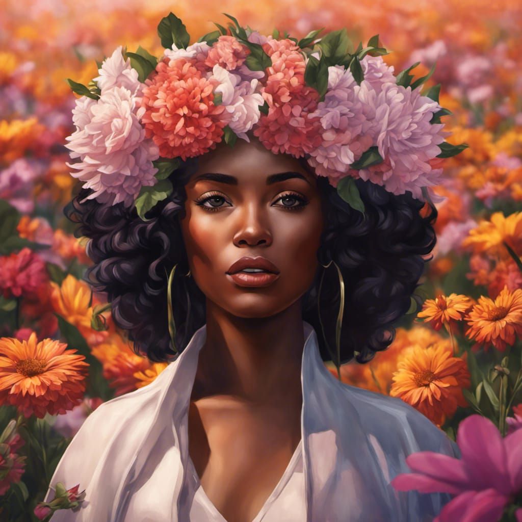 black woman with flowers in her hair and a flower crown, flowers in ...