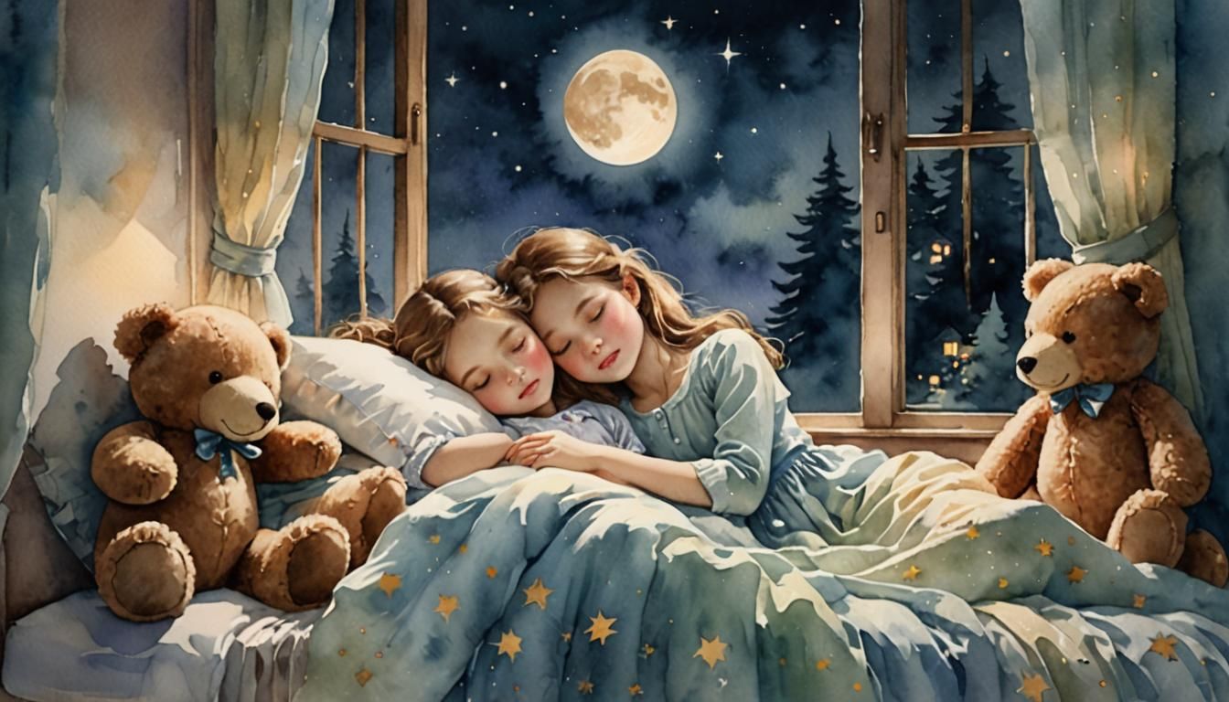 Girl Sleeping with Teddy Bears in Watercolor Style