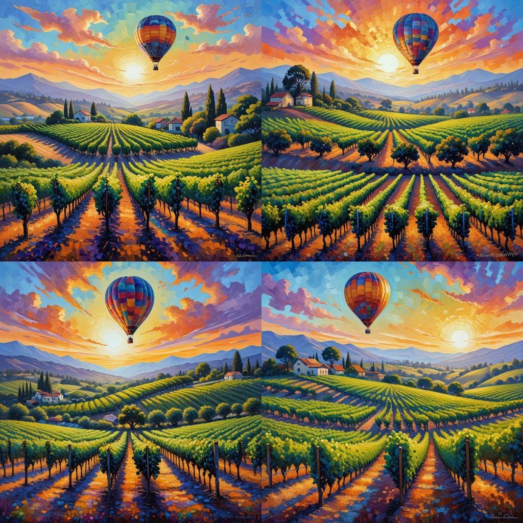 An award winning grape vineyard in Sonoma County Ca, early morning hot air balloon in the sky
