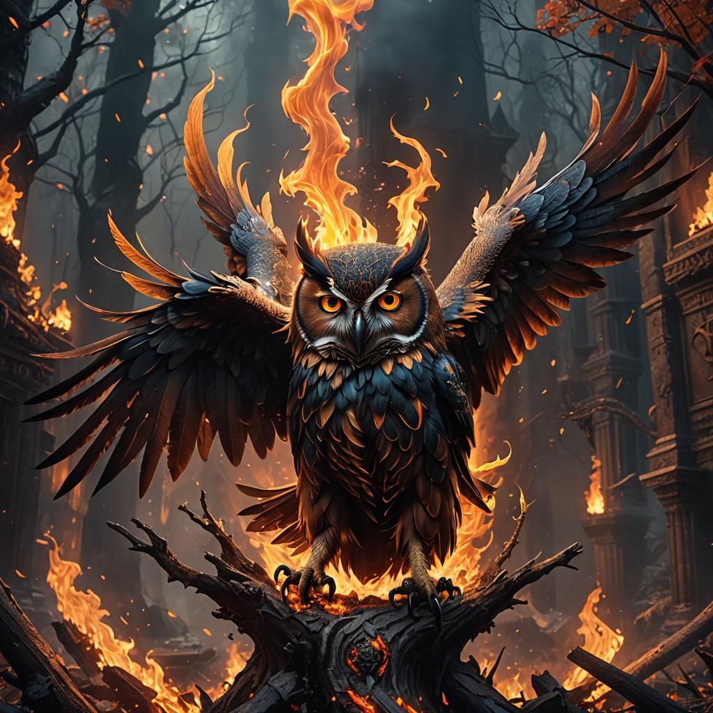Evilowl with fire behind it
