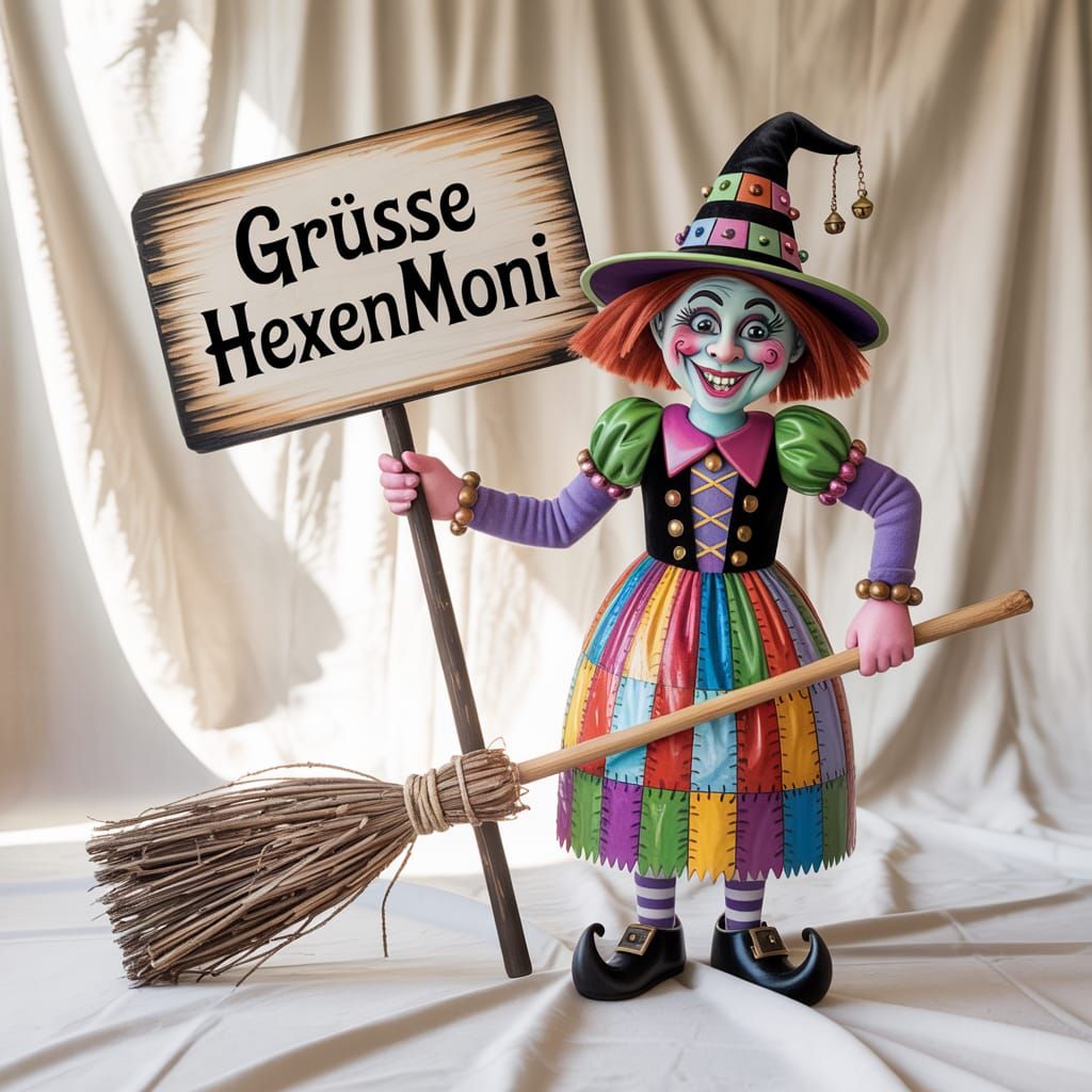 Whimsical Carnival Witch with Hand-Painted Sign