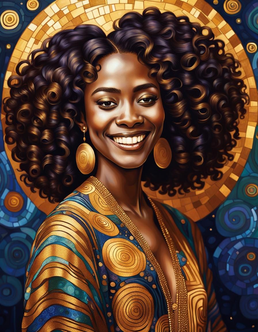 African American Woman smiling in the style of Gustav Klimt....