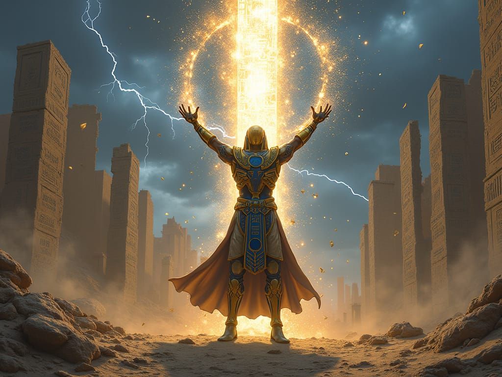 En Sabah Nur (Apocalypse), standing tall with arms raised to the sky, channeling ancient energy to open a glowing interdimensional portal ab...