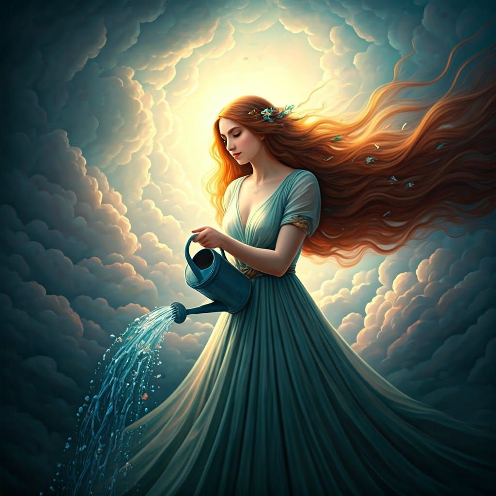 Woman in cloud using a watering can to water the earth, creating rain, fantasy art, beautiful art, hd 4k, high - end, sharply focused, oil o...
