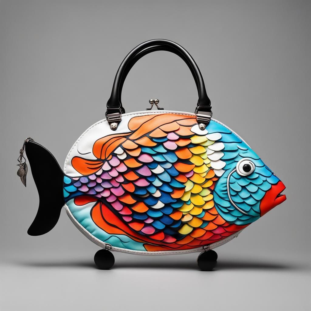 Very colorful fish-shaped bag with black and white handles