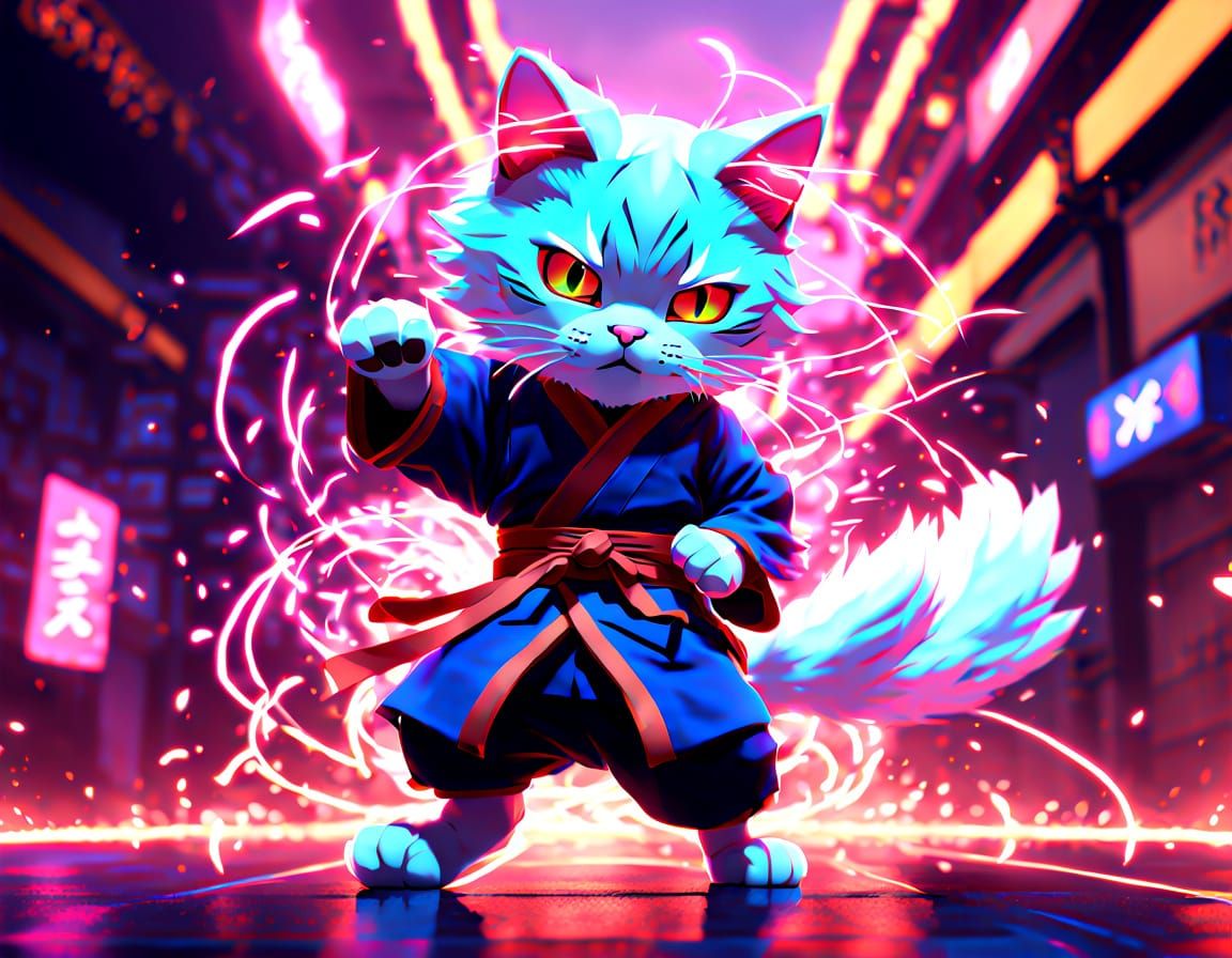 Karate cat in middle of "dynamic entry" kick, dynamic pose, masterpiece, centered, dramatic angle