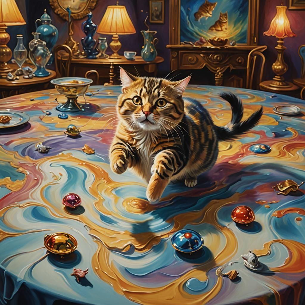 Cat and Mouse Chase in Surreal Oil Painting