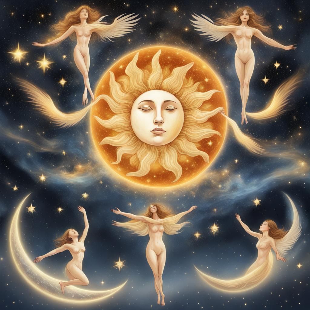 illuminated soul bodies flying in space with ethereal sun and moon and ...