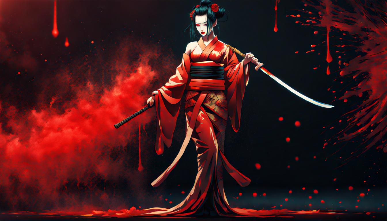 geisha holding a katana with blood dripping from the blade cyber punk ...