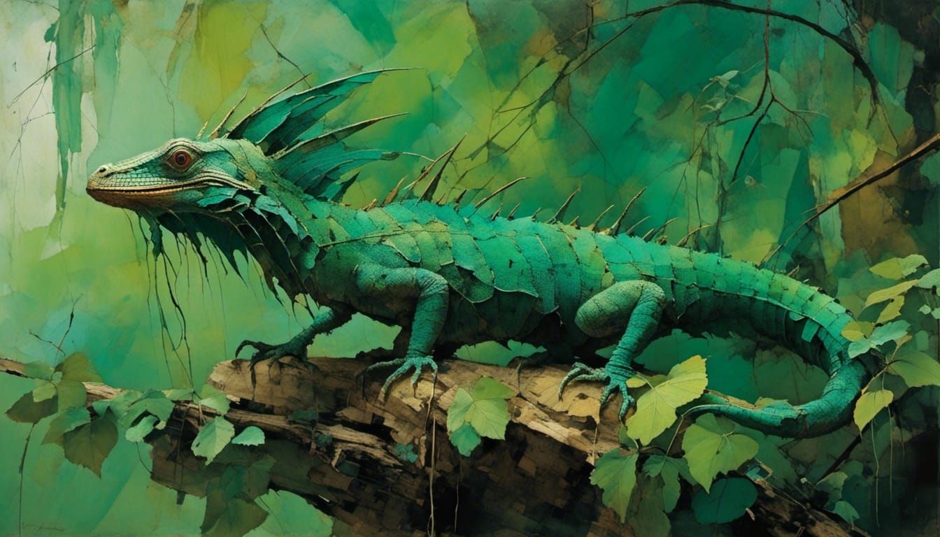 Green Basilisk Lizard on a branch in the jungle, foliage in ...
