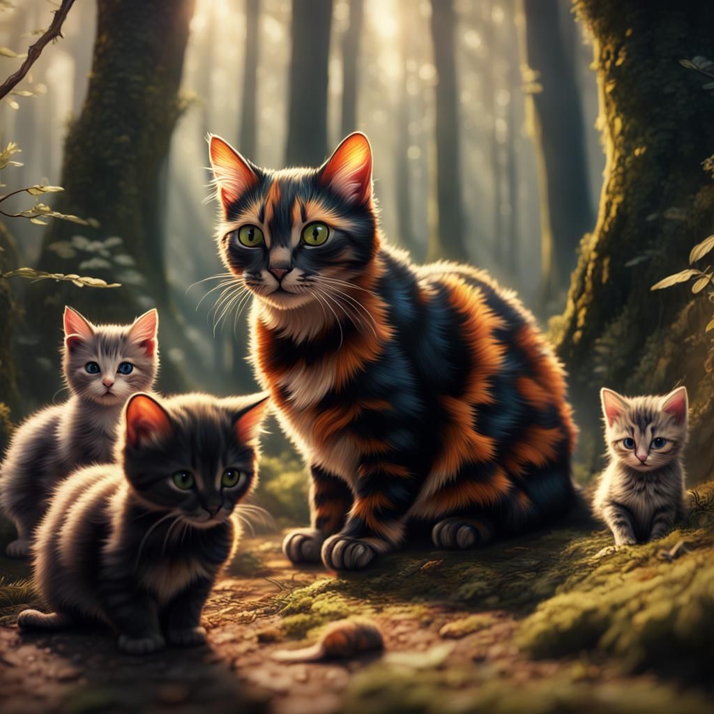 A old Tortoiseshell laying in a forest with kittens playing ...