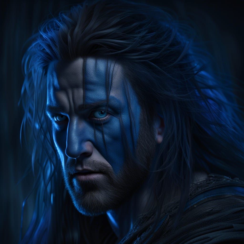 35-year old William Wallace, simple-blue warpaint, long mess...