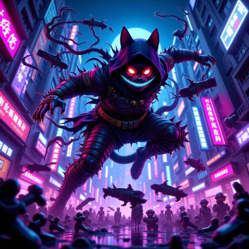 Anime action. A cyberpunk ninja cat leaping through a neon-drenched cityscape, dodging energy blasts from robotic drones. High-speed chase. ...