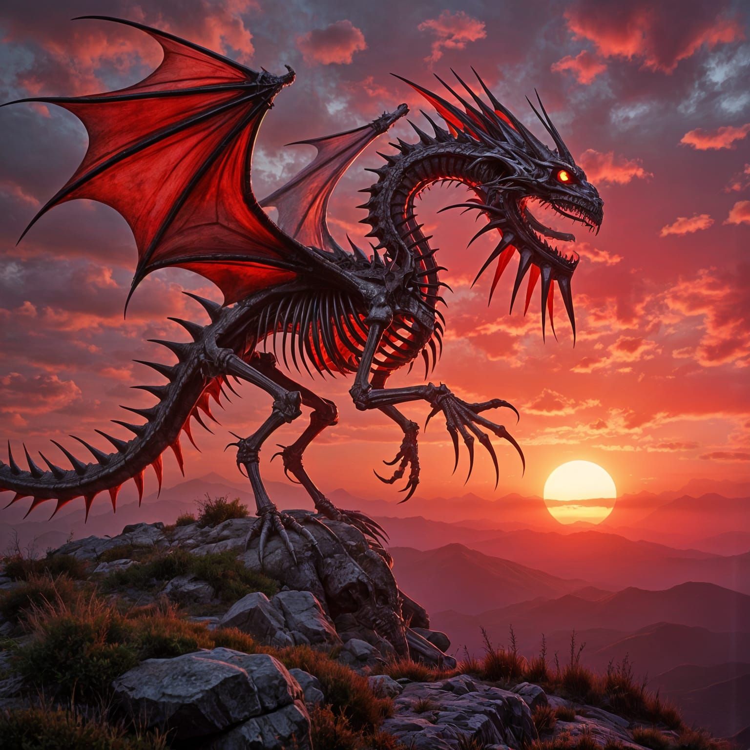 giant skeleton dragon windged monster <lora:Sharp teeth:1.0> standing over a mountain range. red sunset lighting