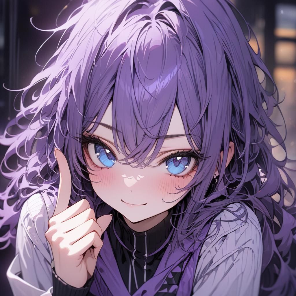 Cute Girl with Purple Hair Makes Finger Heart