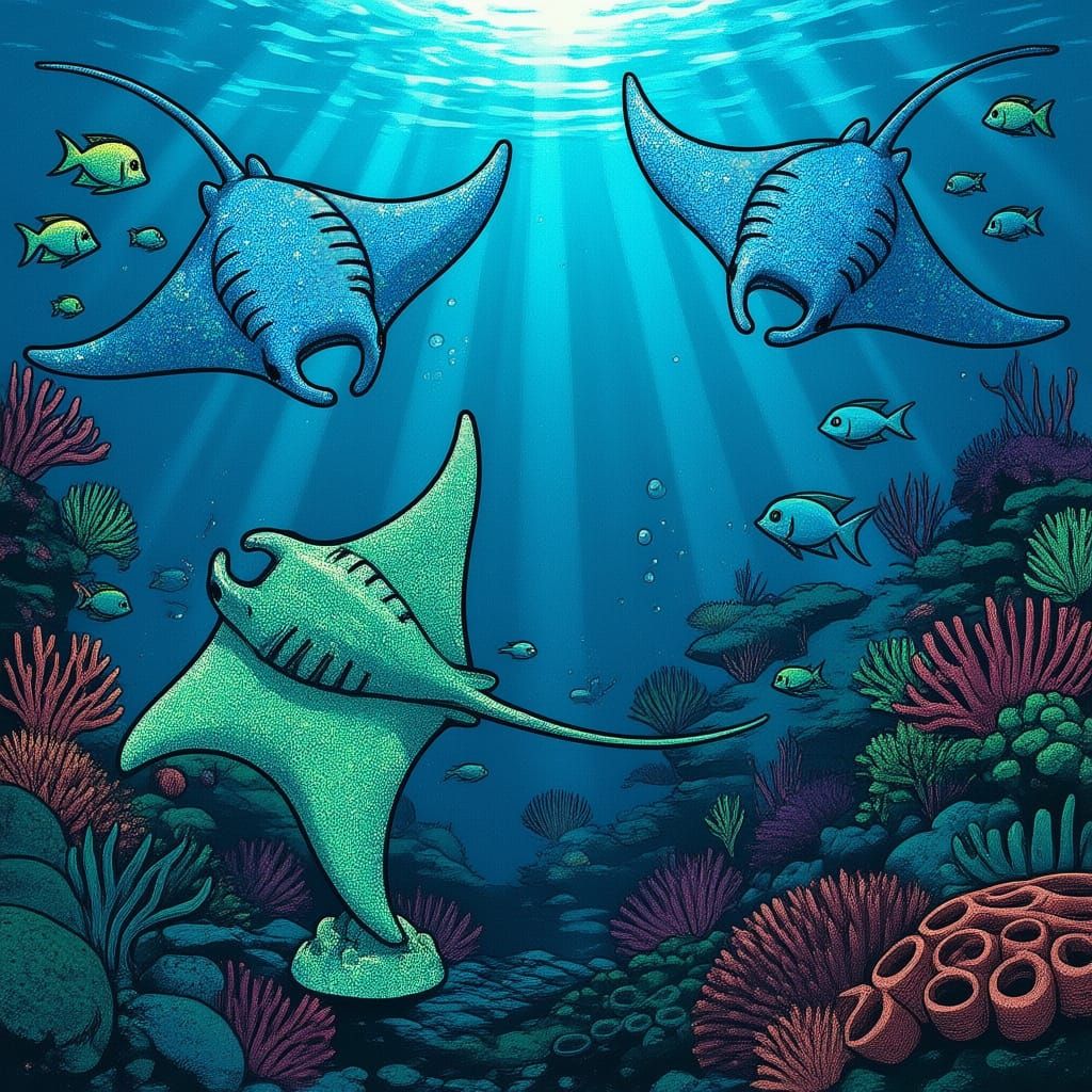 Sea Glass Sculptures of three Manta Ray 